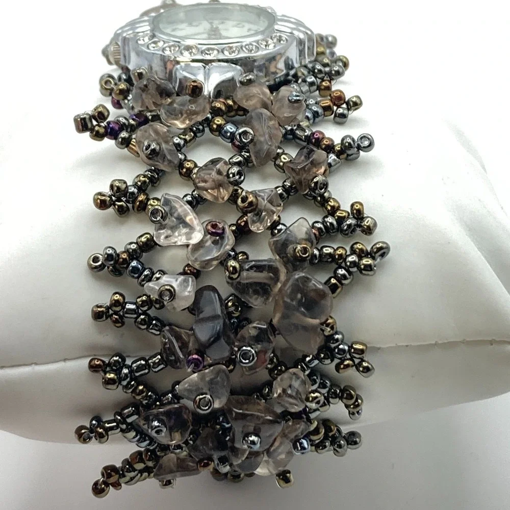 Artisan Womens Watch Beaded Gemstone Silver Tone Crystals New Battery 7.25